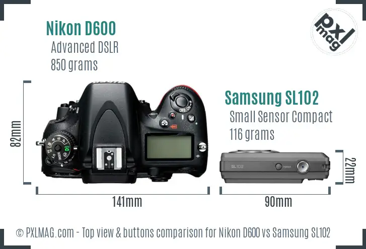 Nikon D600 vs Samsung SL102 top view buttons comparison