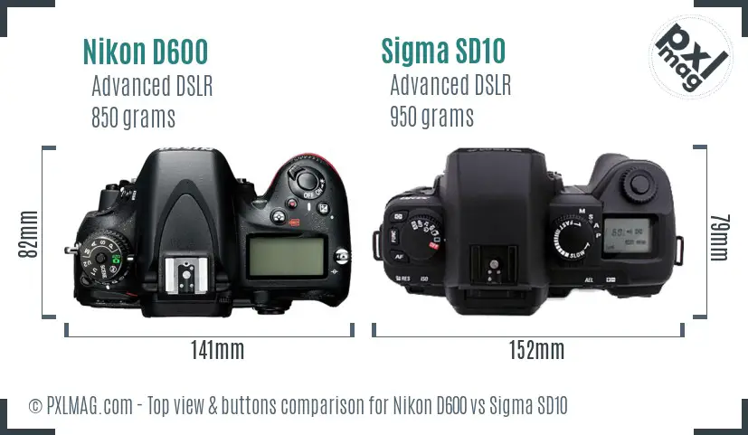 Nikon D600 vs Sigma SD10 top view buttons comparison