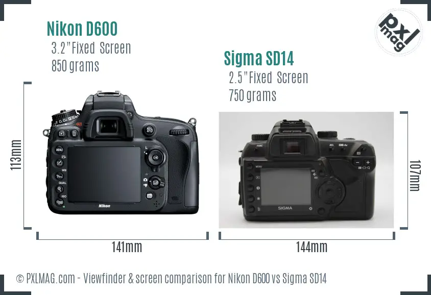 Nikon D600 vs Sigma SD14 Screen and Viewfinder comparison