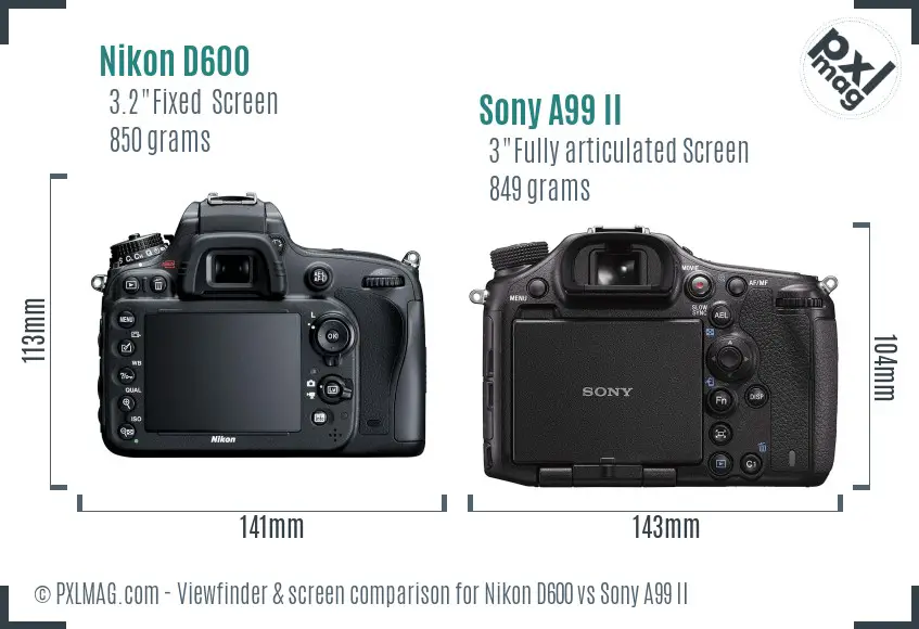 Nikon D600 vs Sony A99 II Screen and Viewfinder comparison