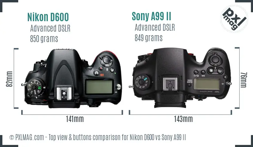 Nikon D600 vs Sony A99 II top view buttons comparison