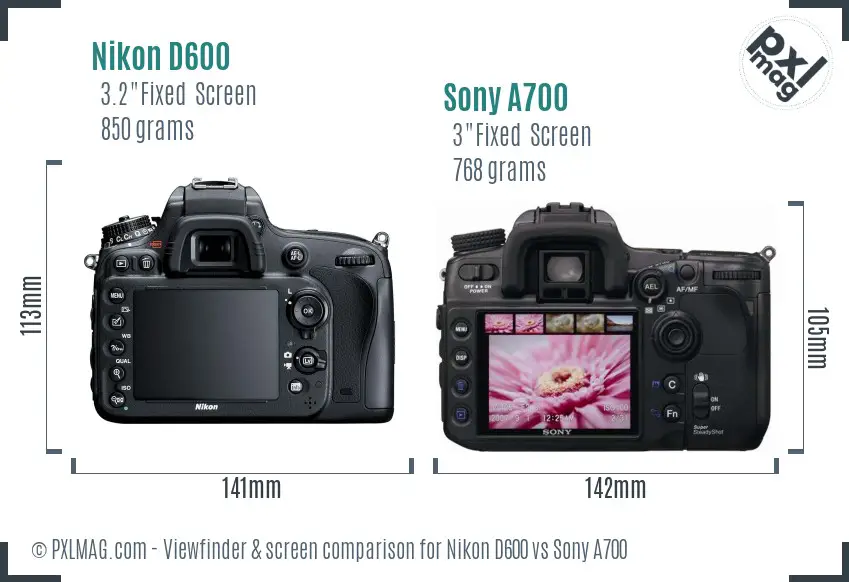 Nikon D600 vs Sony A700 Screen and Viewfinder comparison