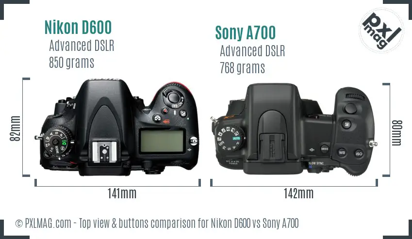 Nikon D600 vs Sony A700 top view buttons comparison
