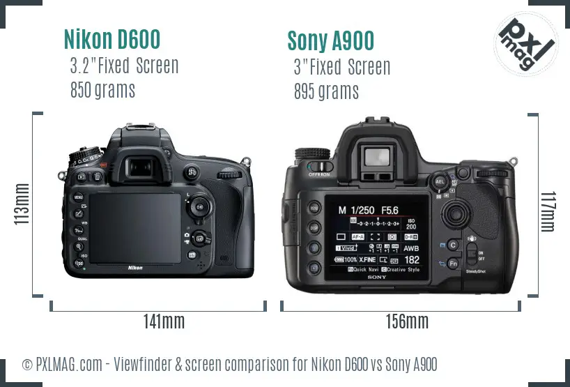 Nikon D600 vs Sony A900 Screen and Viewfinder comparison