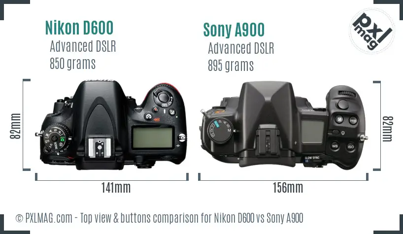 Nikon D600 vs Sony A900 top view buttons comparison