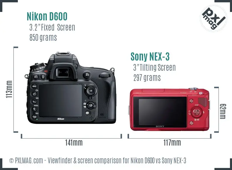 Nikon D600 vs Sony NEX-3 Screen and Viewfinder comparison