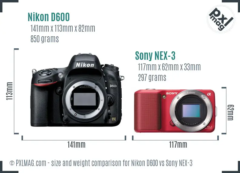 Nikon D600 vs Sony NEX-3 size comparison