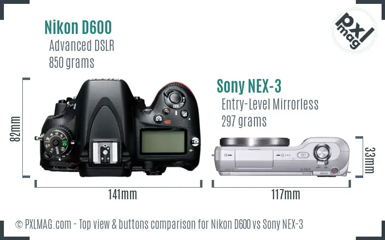 Nikon D600 vs Sony NEX-3 top view buttons comparison
