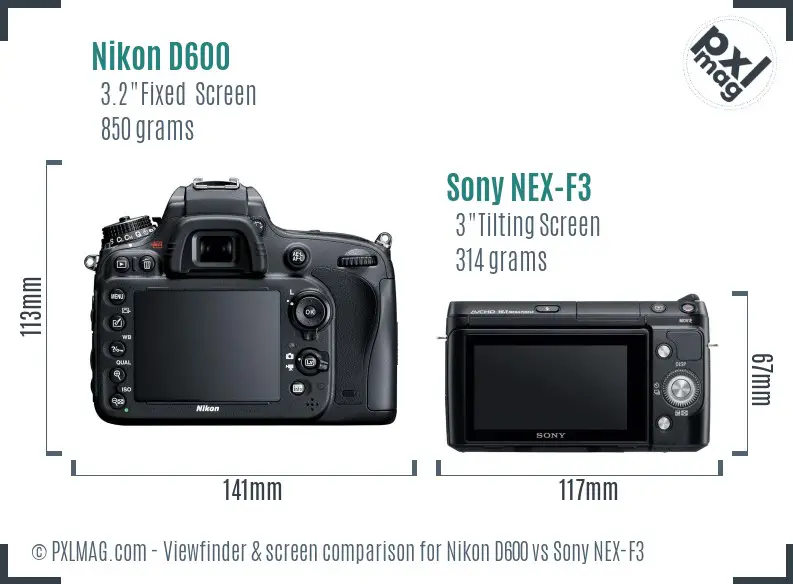 Nikon D600 vs Sony NEX-F3 Screen and Viewfinder comparison