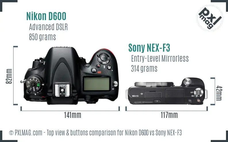 Nikon D600 vs Sony NEX-F3 top view buttons comparison
