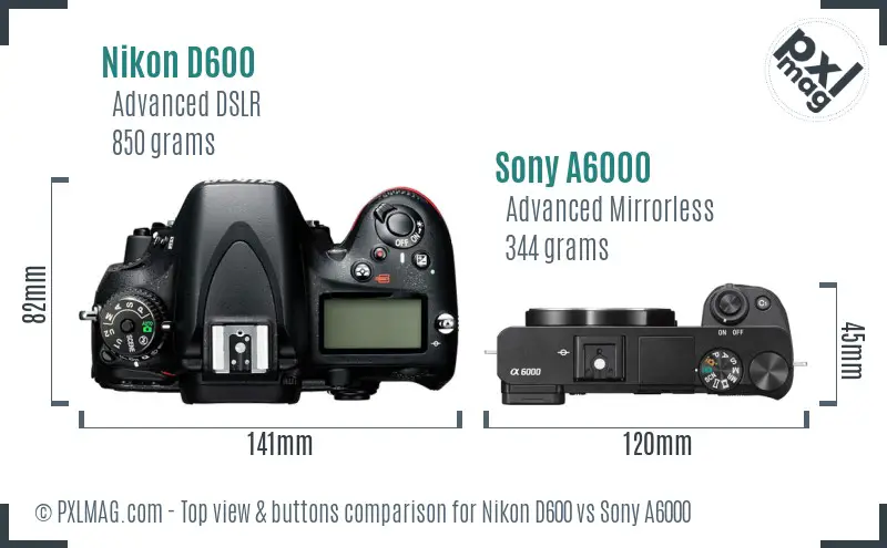 Nikon D600 vs Sony A6000 top view buttons comparison Nikon D600 vs Sony A6000 top view buttons comparison