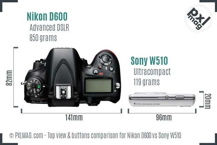 Nikon D600 vs Sony W510 top view buttons comparison