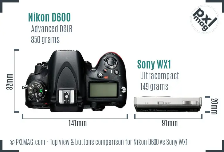 Nikon D600 vs Sony WX1 top view buttons comparison