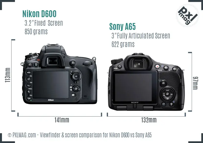Nikon D600 vs Sony A65 Screen and Viewfinder comparison Nikon D600 vs Sony A65 Screen and Viewfinder comparison