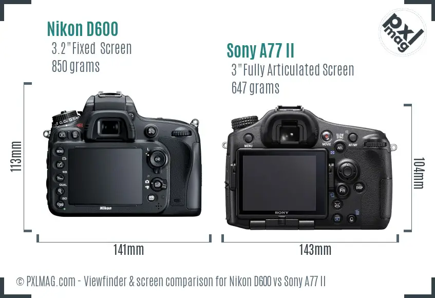 Nikon D600 vs Sony A77 II Screen and Viewfinder comparison