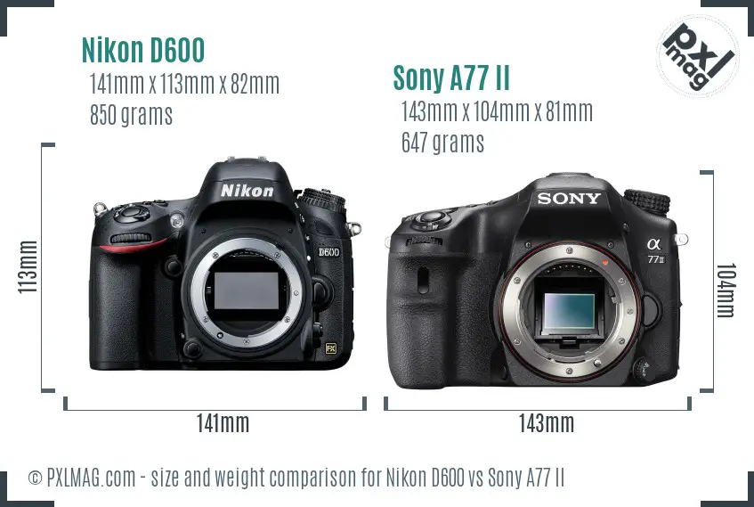 Nikon D600 vs Sony A77 II size comparison