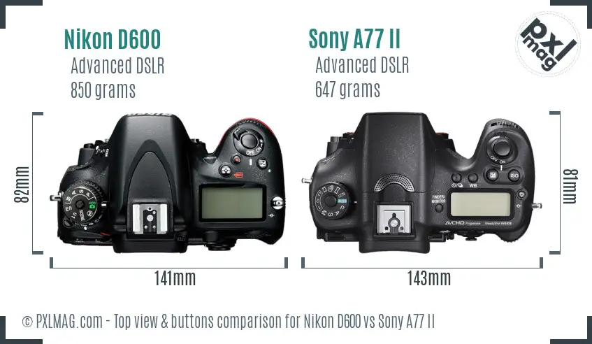 Nikon D600 vs Sony A77 II top view buttons comparison