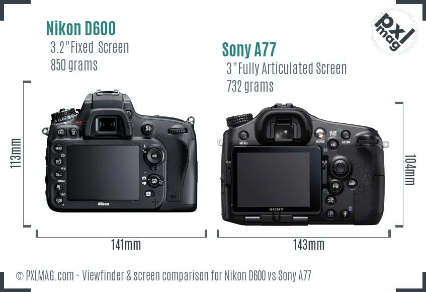 Nikon D600 vs Sony A77 Screen and Viewfinder comparison