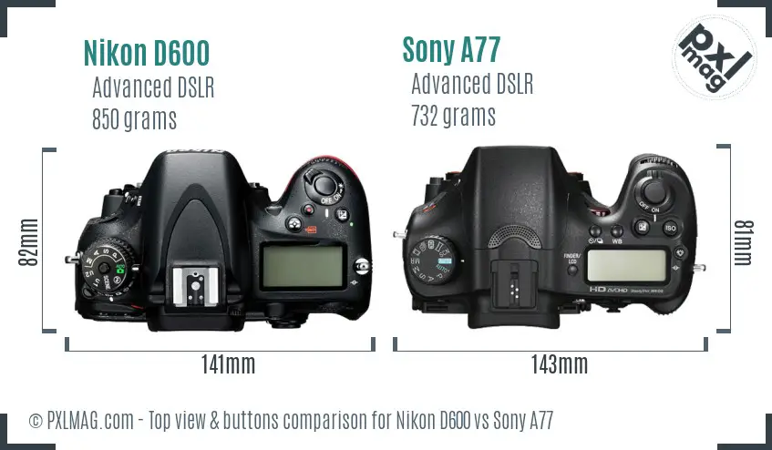 Nikon D600 vs Sony A77 top view buttons comparison