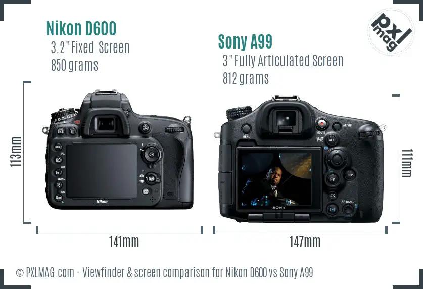 Nikon D600 vs Sony A99 Screen and Viewfinder comparison