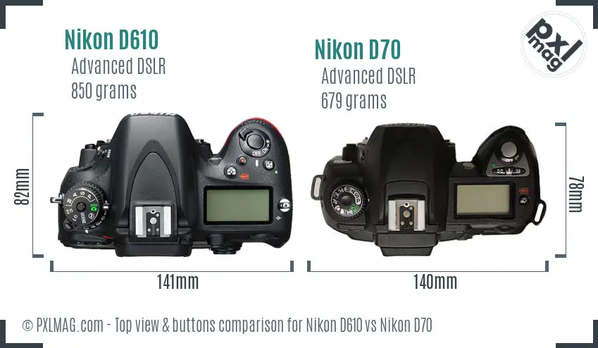 Nikon D610 vs Nikon D70 top view buttons comparison