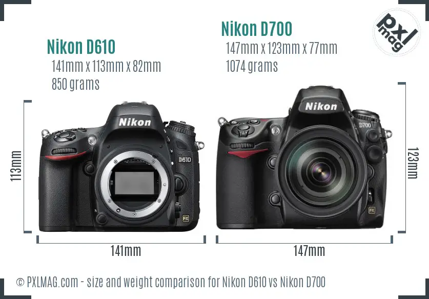 Nikon D610 vs Nikon D700 size comparison