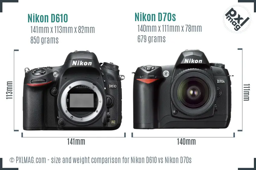 Nikon D610 vs Nikon D70s size comparison