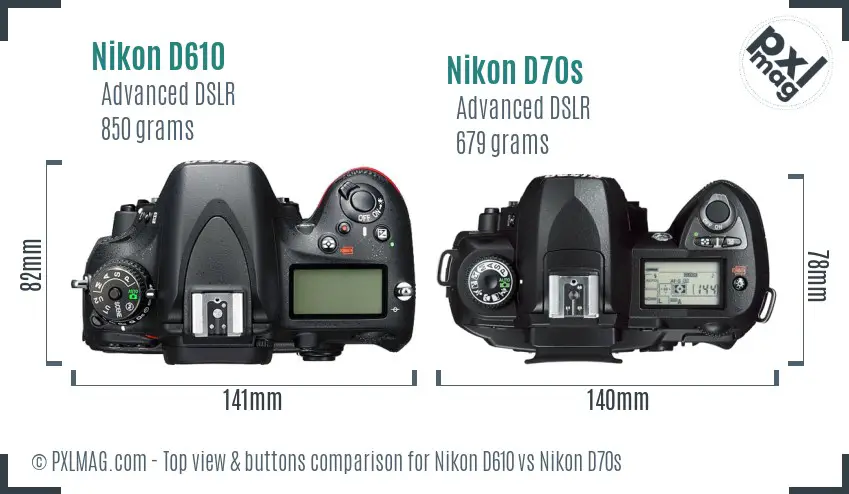 Nikon D610 vs Nikon D70s top view buttons comparison