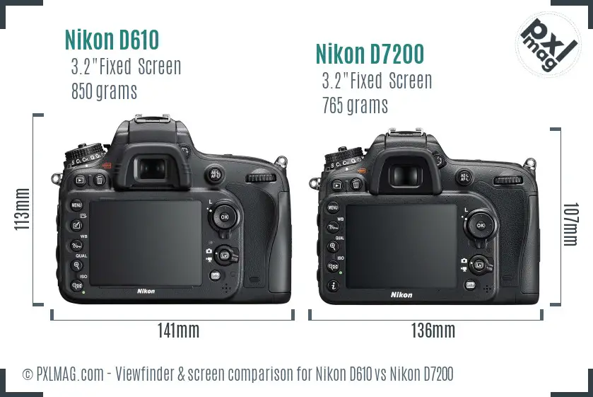 Nikon D610 vs Nikon D7200 Screen and Viewfinder comparison