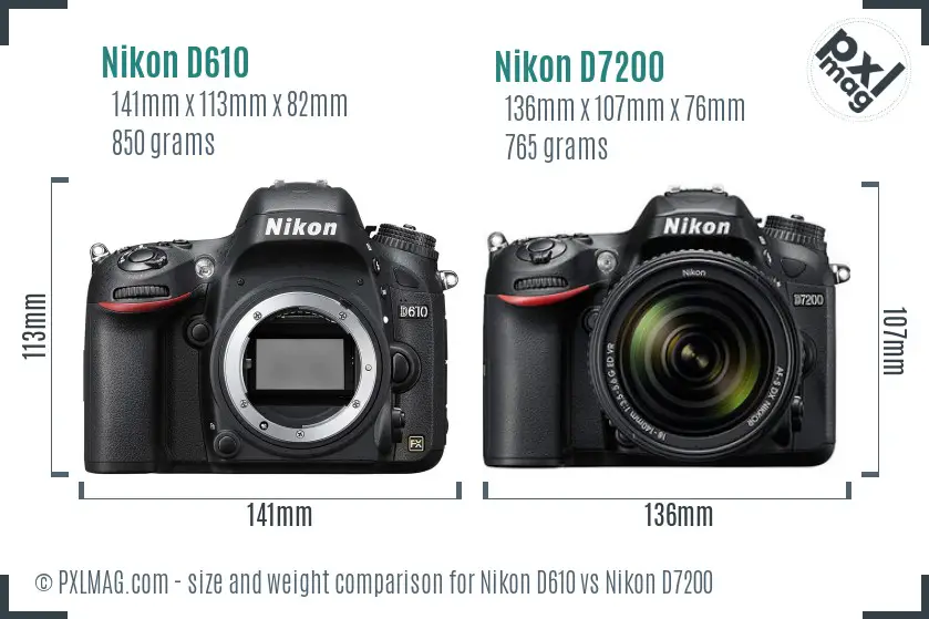 Nikon D610 vs Nikon D7200 size comparison