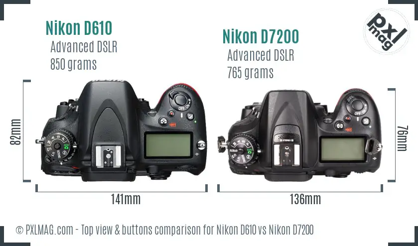 Nikon D610 vs Nikon D7200 top view buttons comparison