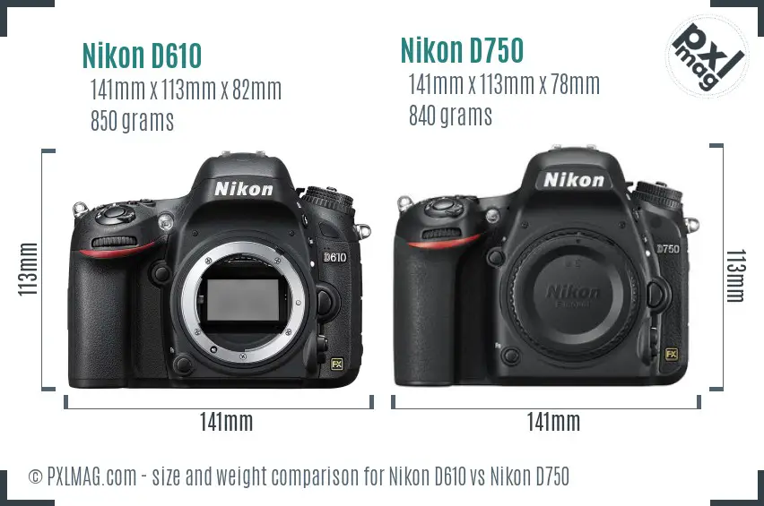 Nikon D610 vs Nikon D750 size comparison