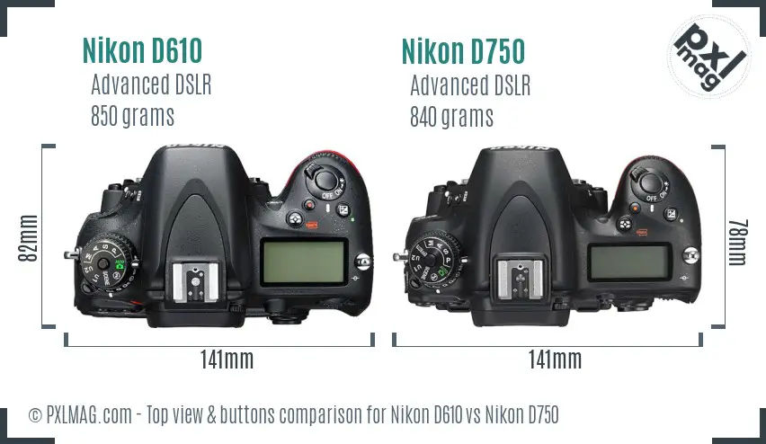 Nikon D610 vs Nikon D750 top view buttons comparison