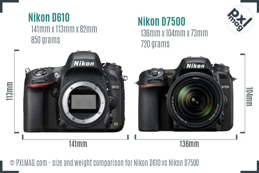 Nikon D610 vs Nikon D7500 size comparison