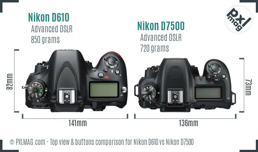 Nikon D610 vs Nikon D7500 top view buttons comparison