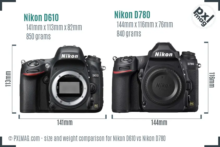 Nikon D610 vs Nikon D780 size comparison