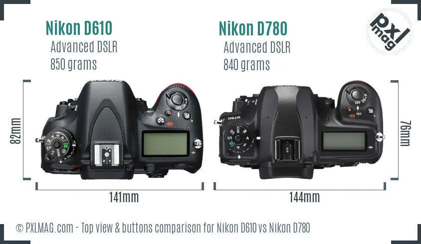 Nikon D610 vs Nikon D780 top view buttons comparison