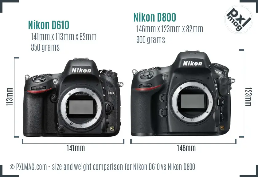 Nikon D610 vs Nikon D800 size comparison