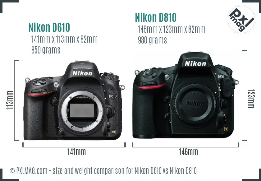 Nikon D610 vs Nikon D810 size comparison