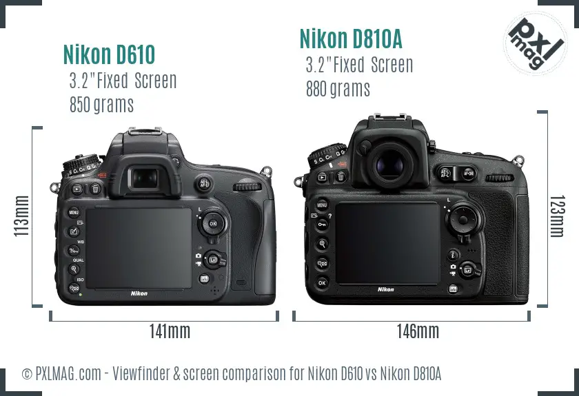Nikon D610 vs Nikon D810A Screen and Viewfinder comparison