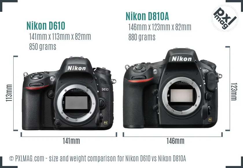 Nikon D610 vs Nikon D810A size comparison