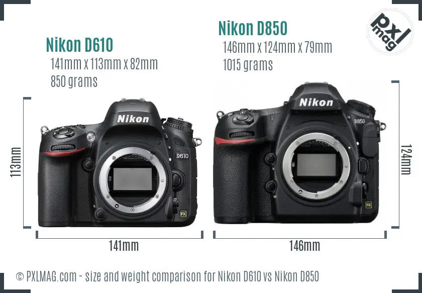 Nikon D610 vs Nikon D850 size comparison