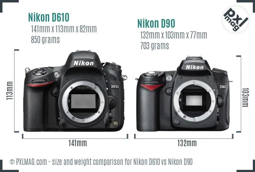 Nikon D610 vs Nikon D90 size comparison