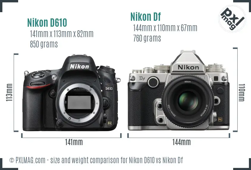 Nikon D610 vs Nikon Df size comparison