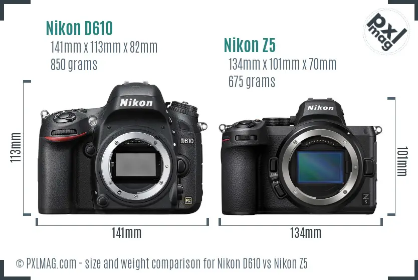 Nikon D610 vs Nikon Z5 size comparison