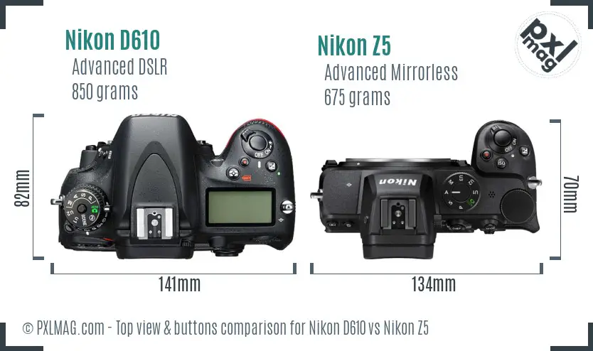 Nikon D610 vs Nikon Z5 top view buttons comparison
