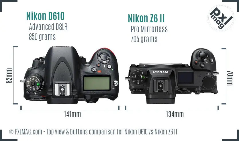 Nikon D610 vs Nikon Z6 II top view buttons comparison