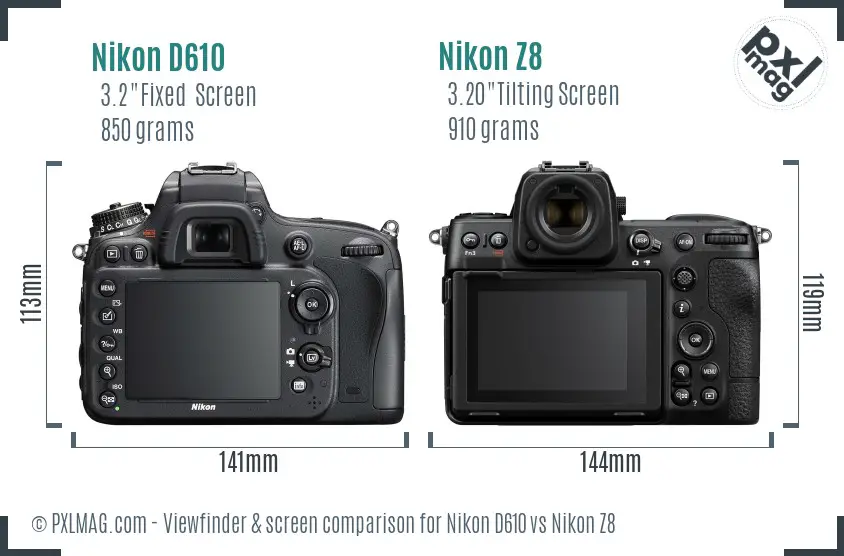 Nikon D610 vs Nikon Z8 Screen and Viewfinder comparison