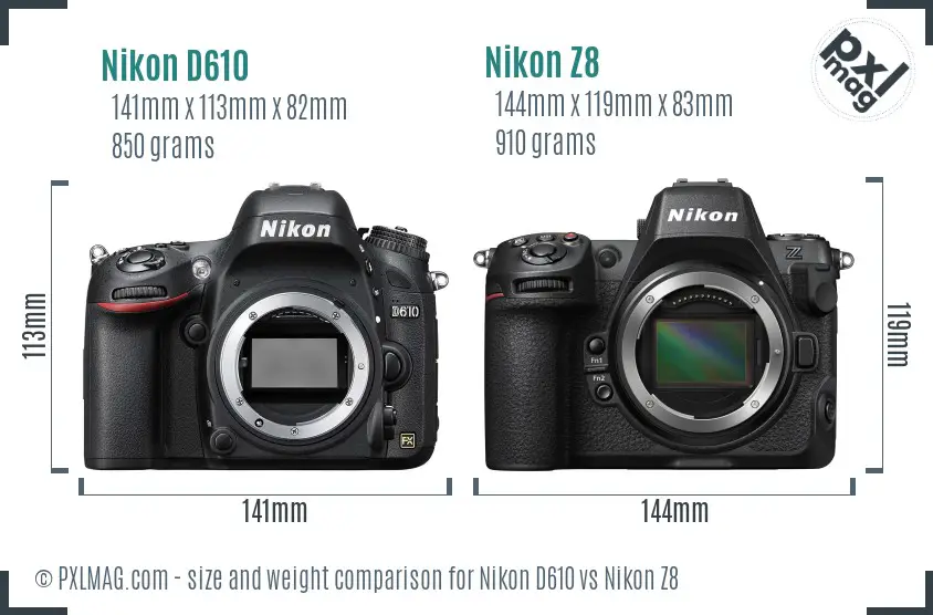 Nikon D610 vs Nikon Z8 size comparison