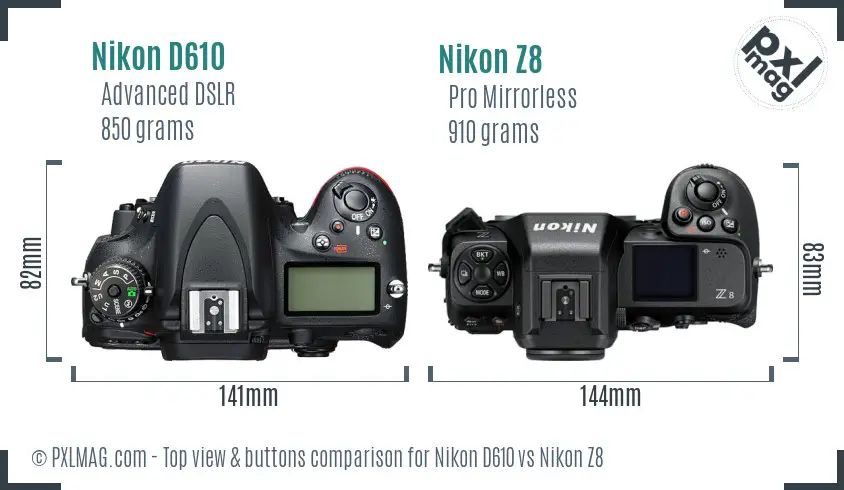 Nikon D610 vs Nikon Z8 top view buttons comparison